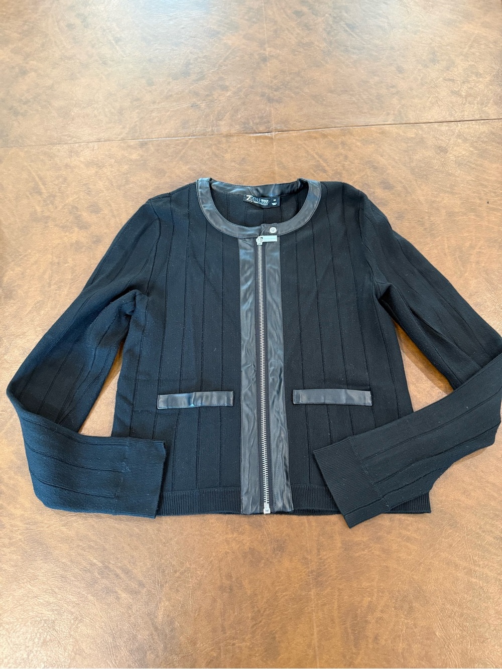 New York & Company Black Knit Zip-Front Cardigan Faux Leather Detail XS